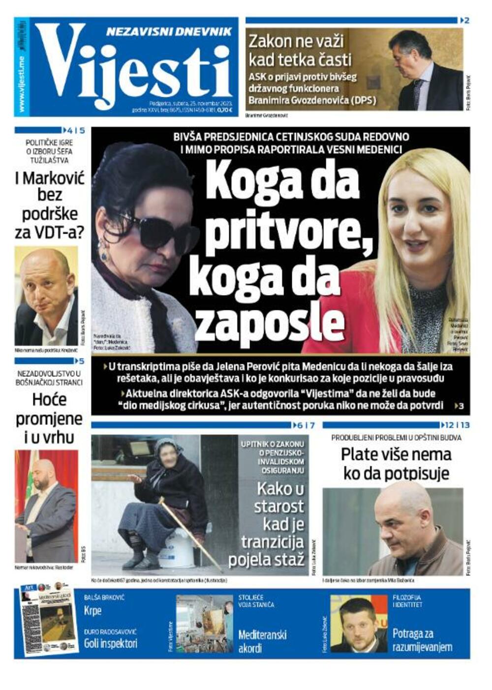 Naslovna strana "Vijesti" za 25. novembar 2023., Foto: Vijesti