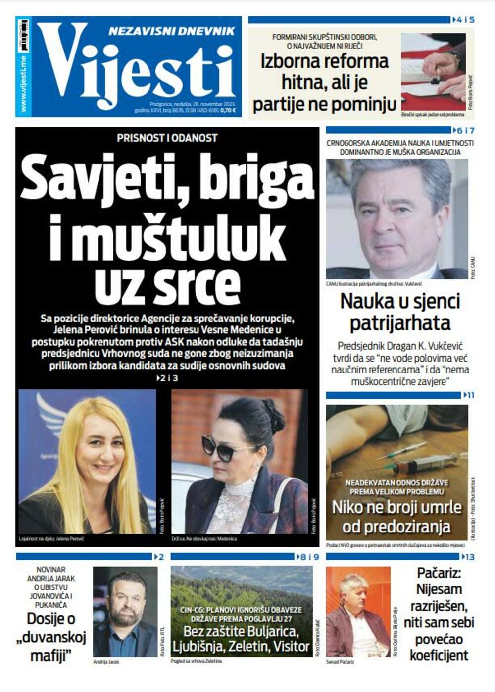 Naslovna strana "Vijesti" za 26. novembar 2023., Foto: Vijesti