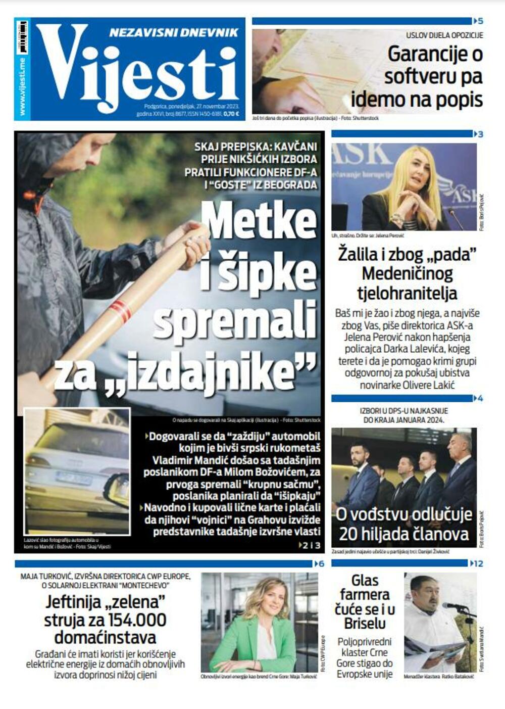 Naslovna strana "Vijesti" za 27. novembar 2023., Foto: Vijesti