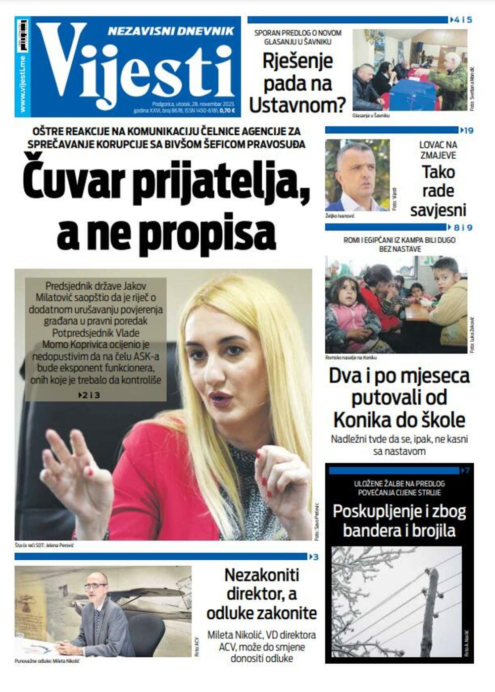 Naslovna strana "Vijesti" za 28. novembar 2023., Foto: Vijesti