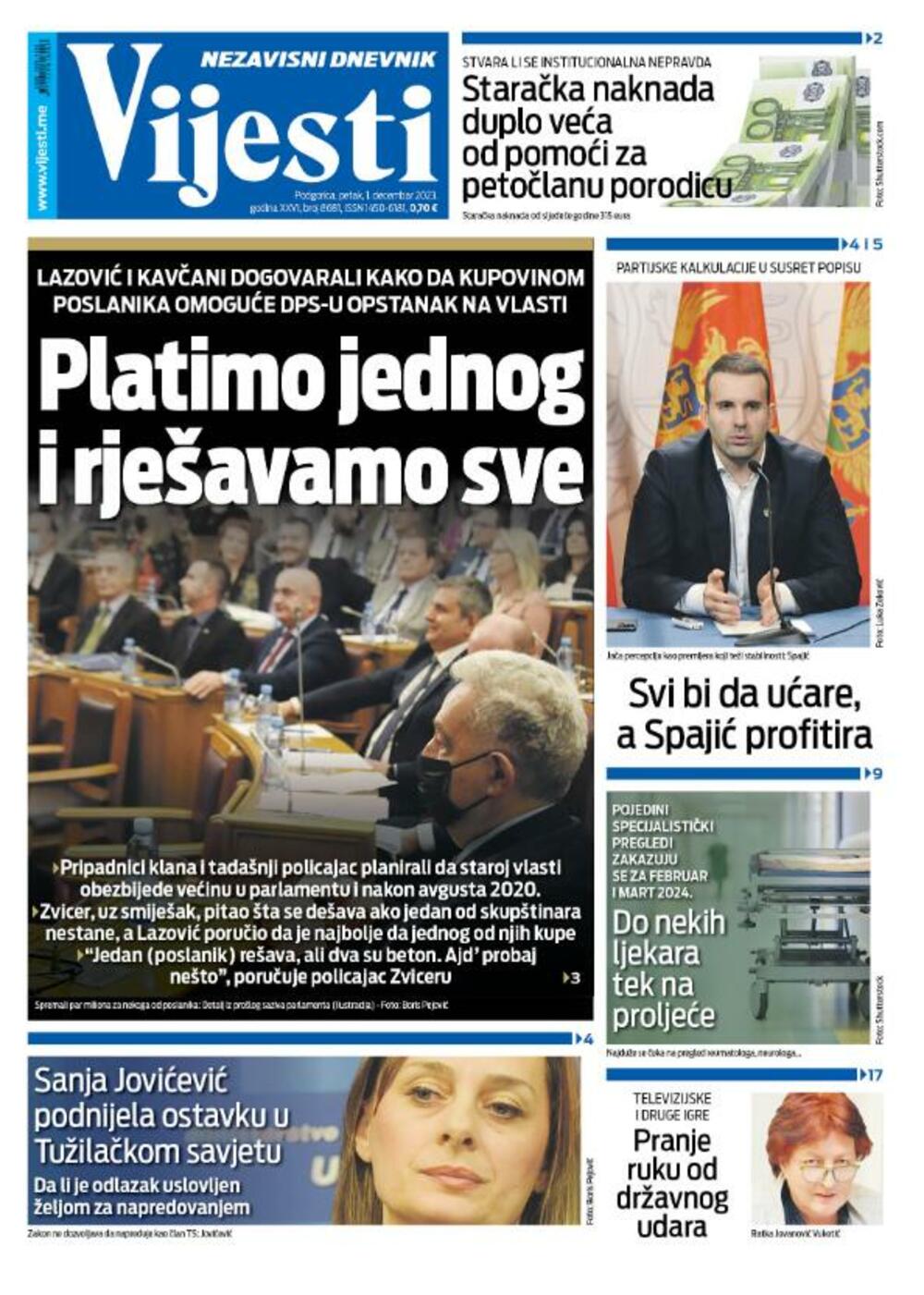 Naslovna strana "Vijesti" za 1. decembar 2023., Foto: Vijesti