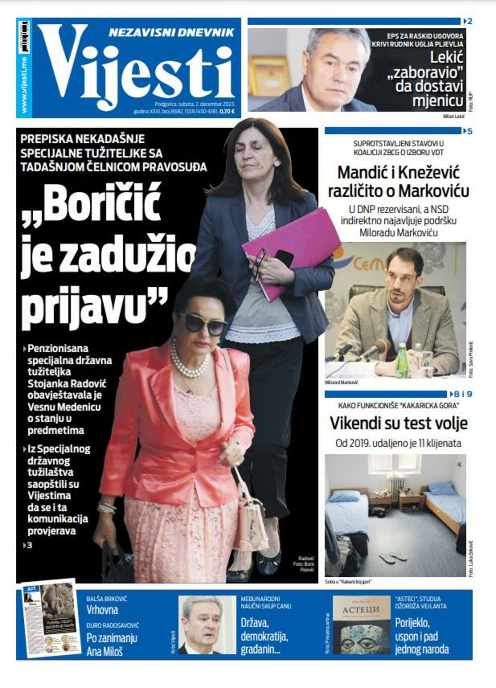 Naslovna strana "Vijesti" za 2. decembar 2023., Foto: Vijesti