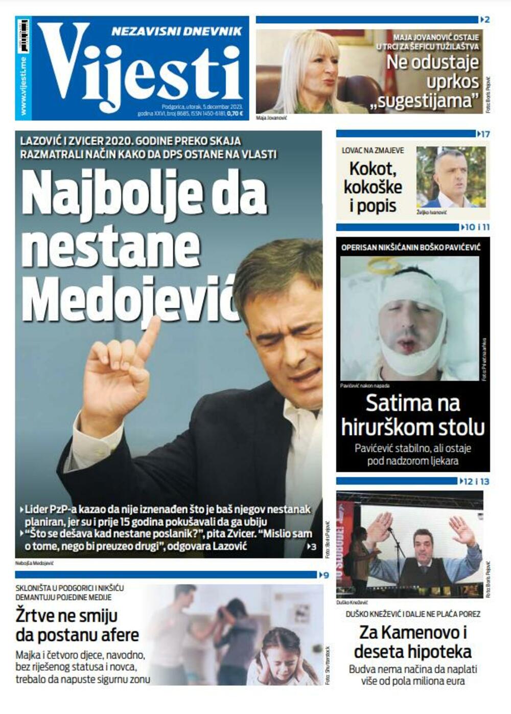 Naslovna strana "Vijesti" za 5. decembar 2023., Foto: Vijesti