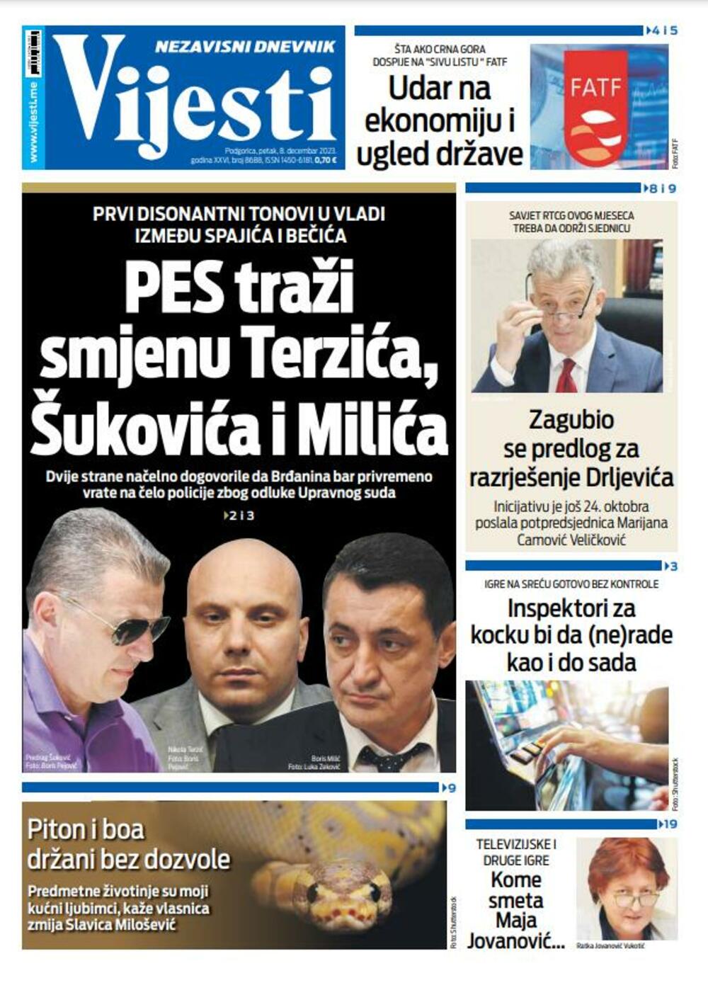Naslovna strana "Vijesti" za 8. decembar 2023., Foto: Vijesti