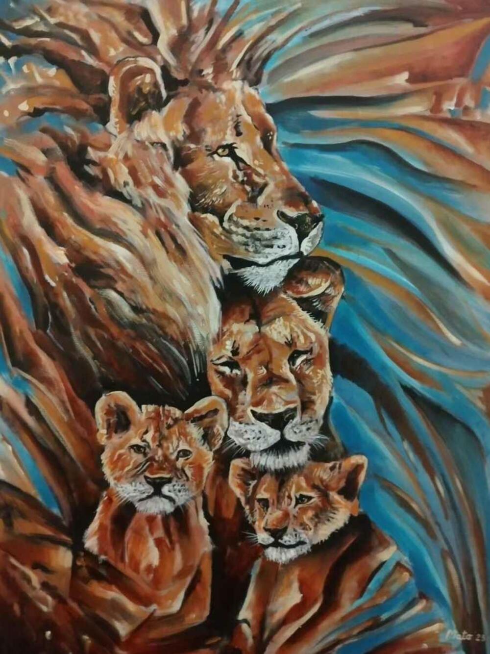 Porodicu prikazuje kroz ilustraciju lavova, radu Vukčevića