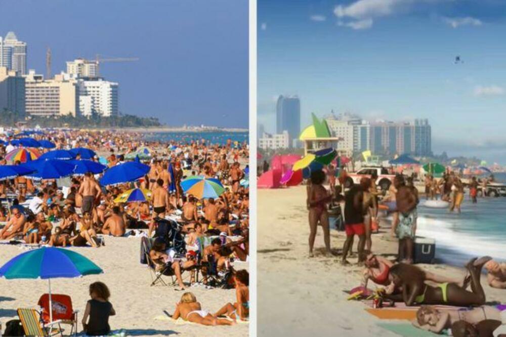 Ljudi na plaži u Majamiju - u stvarnosti (levo) i u trejleru za GTA 6 (desno), Foto: GETTY IMAGES / ROCKSTAR GAMES