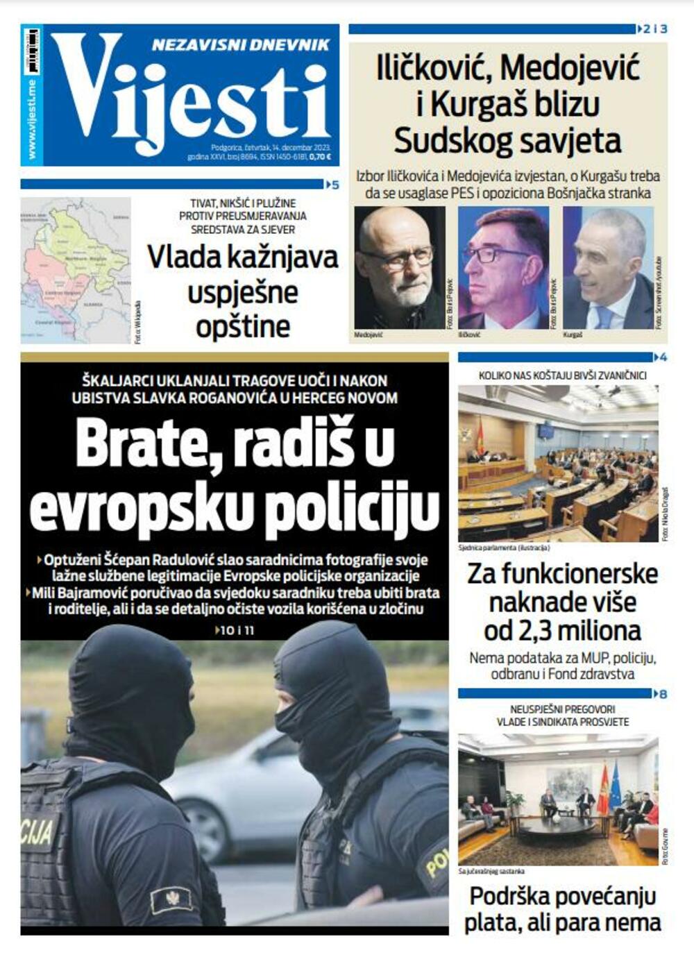Naslovna strana "Vijesti" za 14. decembar 2023., Foto: Vijesti