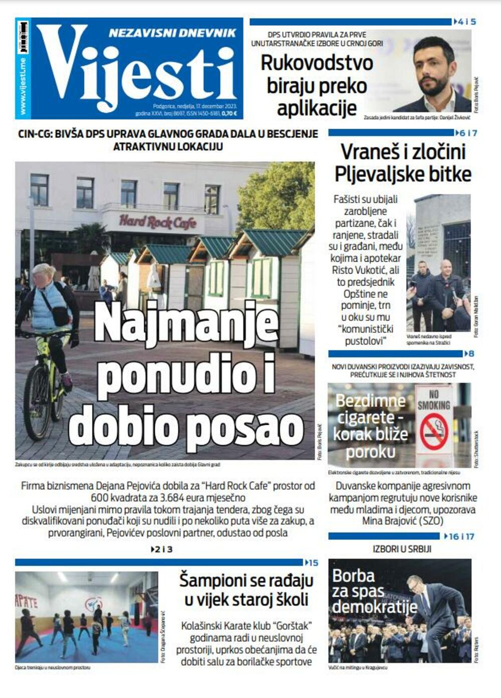 Naslovna strana "Vijesti" za 17. decembar 2023., Foto: Vijesti