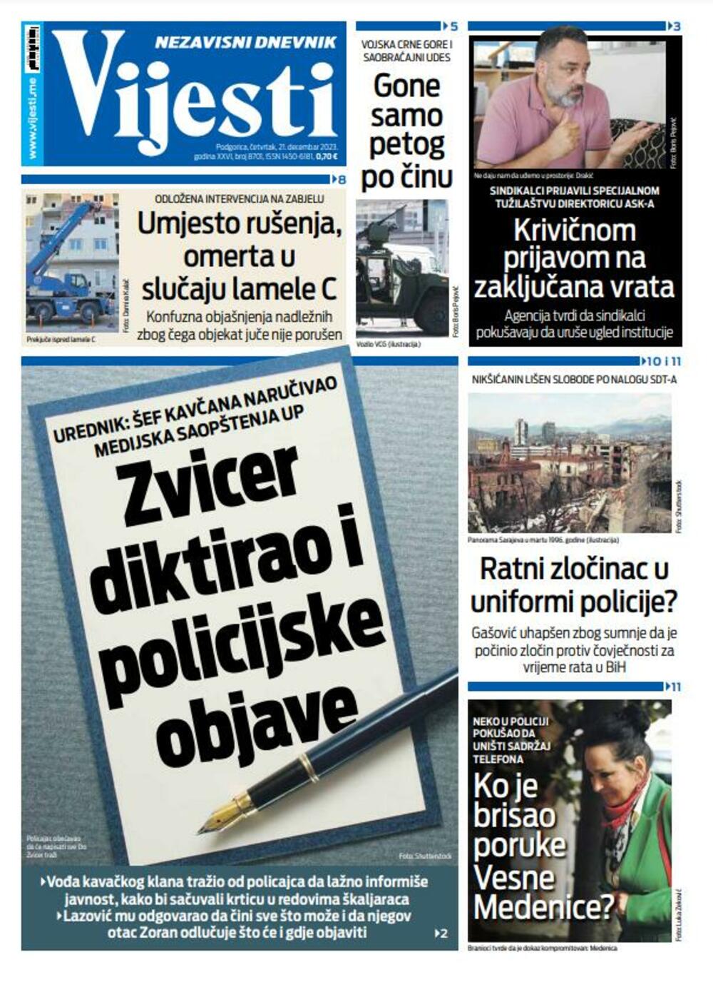 Naslovna strana "Vijesti" za 21. decembar 2023., Foto: Vijesti