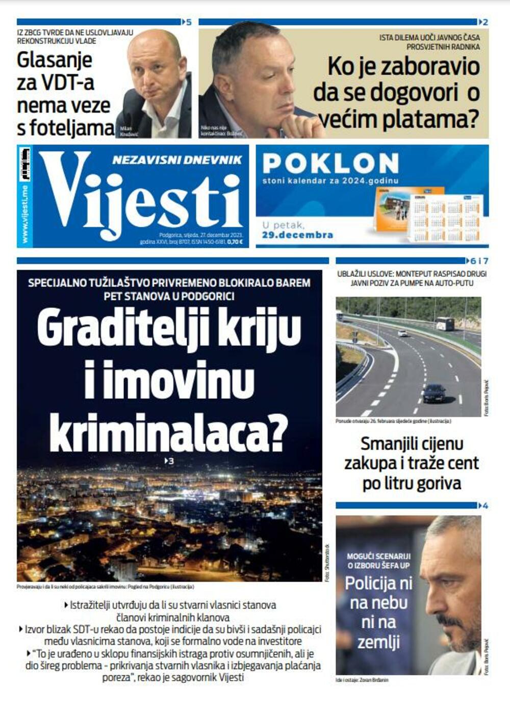 Naslovna strana "Vijesti" za 27. decembar 2023., Foto: Vijesti