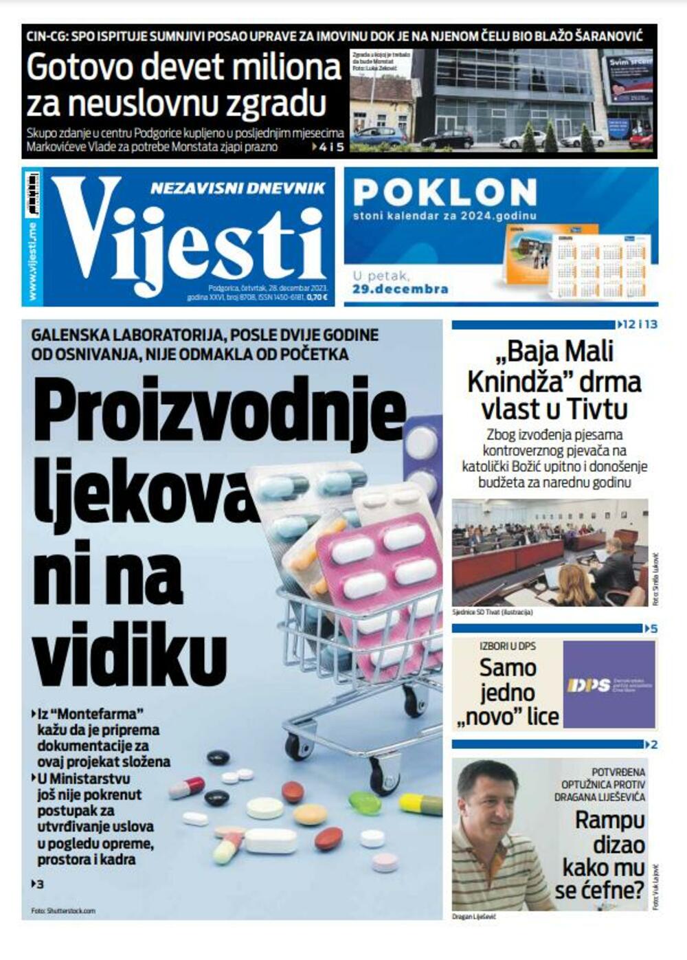 Naslovna strana "Vijesti" za 28. decembar 2023., Foto: Vijesti