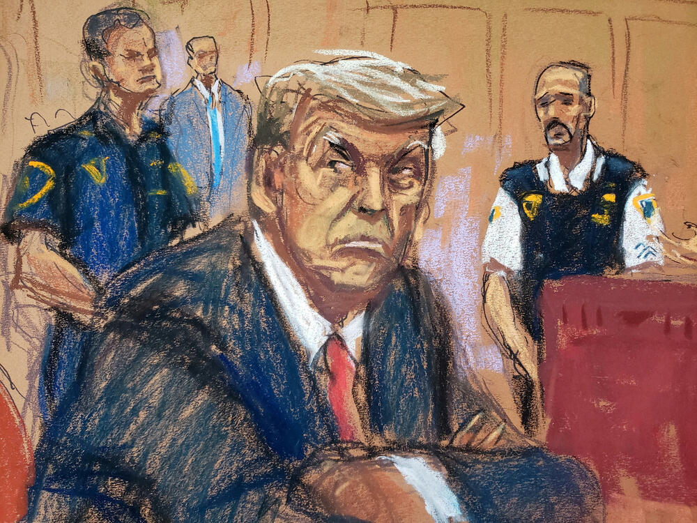 Crtež Donalda Trampa u sudnici u Njujorku u aprilu 2023.