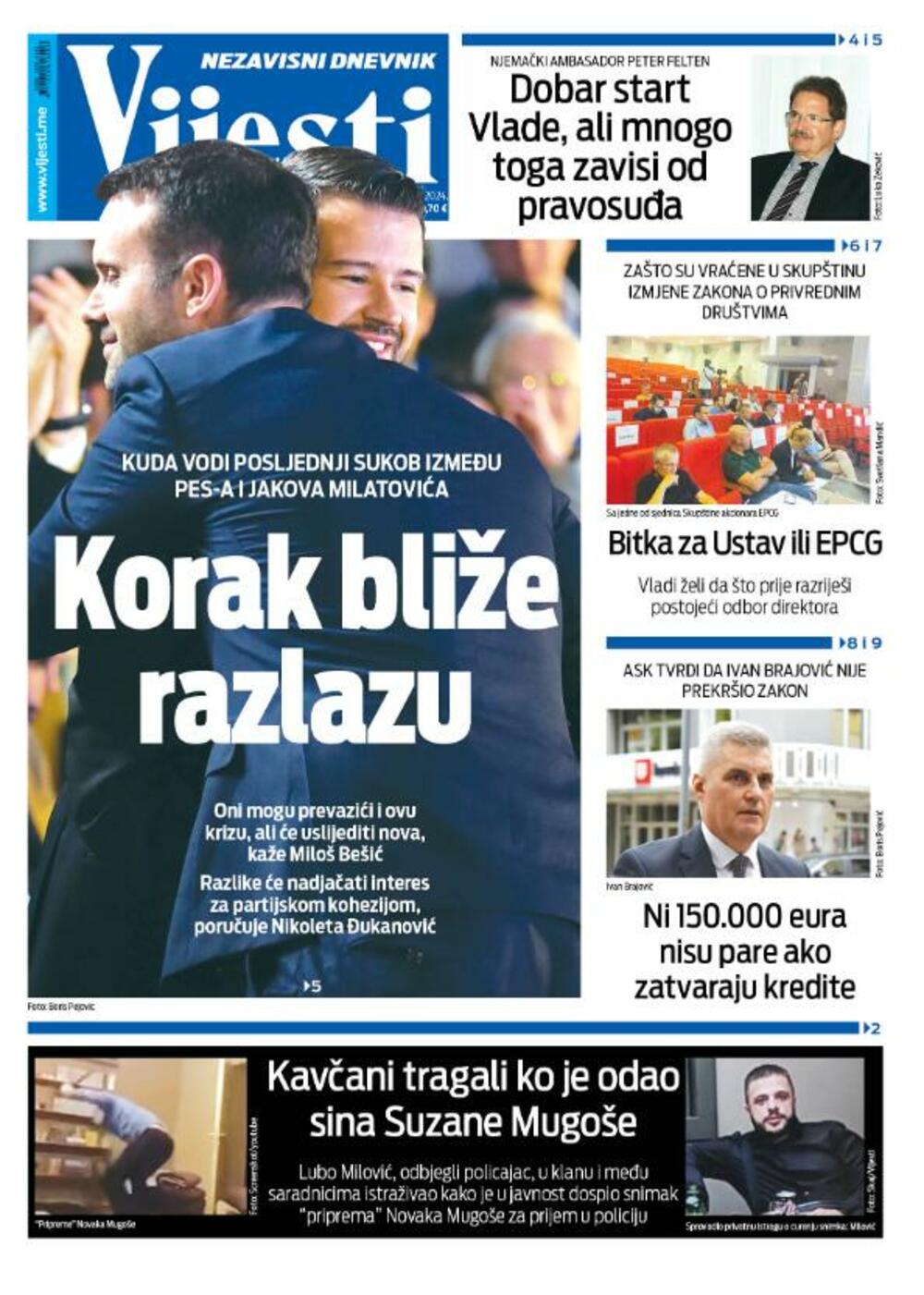 Front page of "Vijesti" for January 5, 2024, Photo: Vijesti