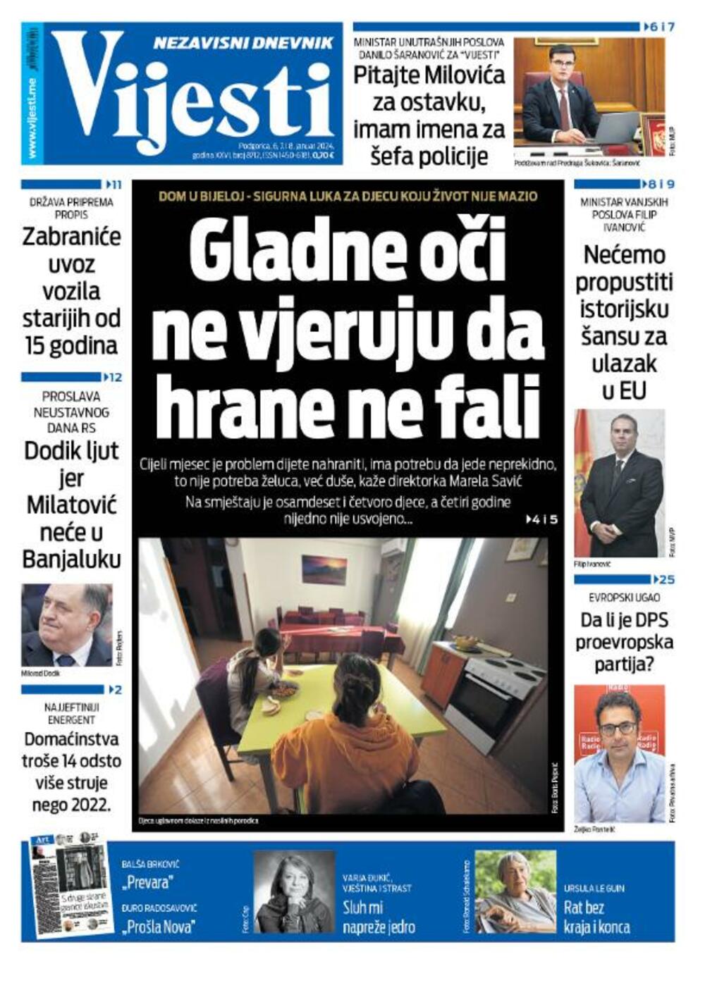 Naslovna strana "Vijesti" za 6., 7. i 8. januar 2024., Foto: Vijesti