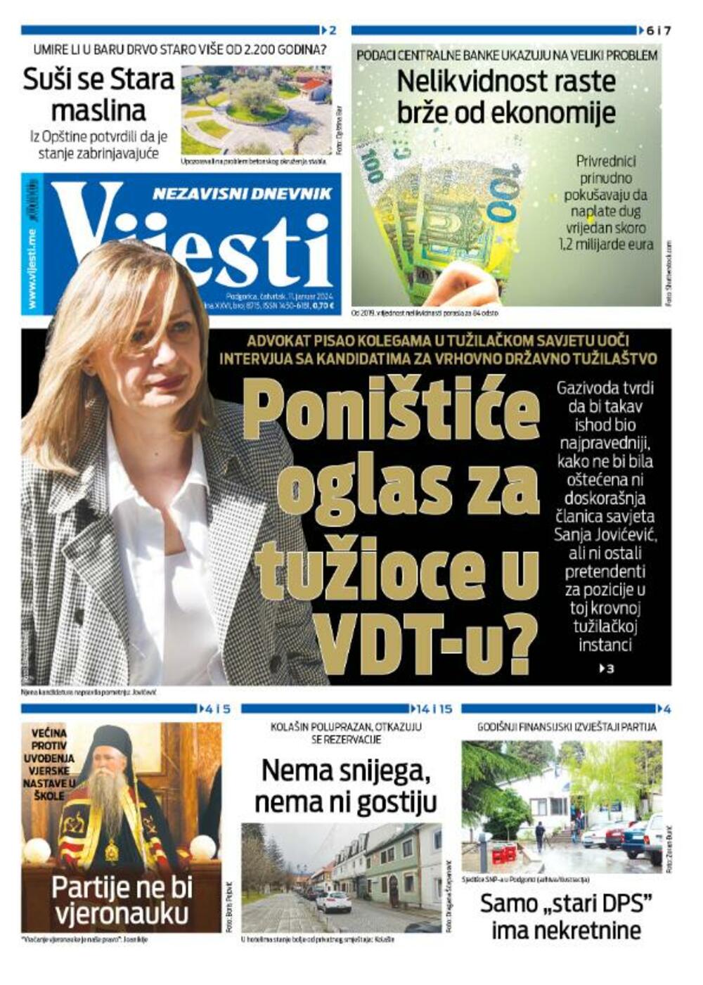 Naslovna strana 'Vijesti' za 11. januar 2024.