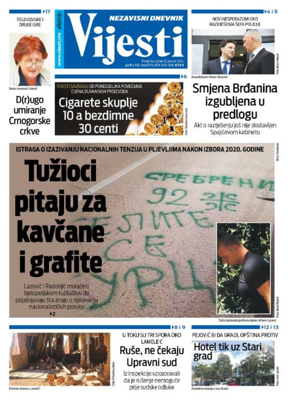 Naslovna strana "Vijesti" za 12. januar 2024., Foto: Vijesti