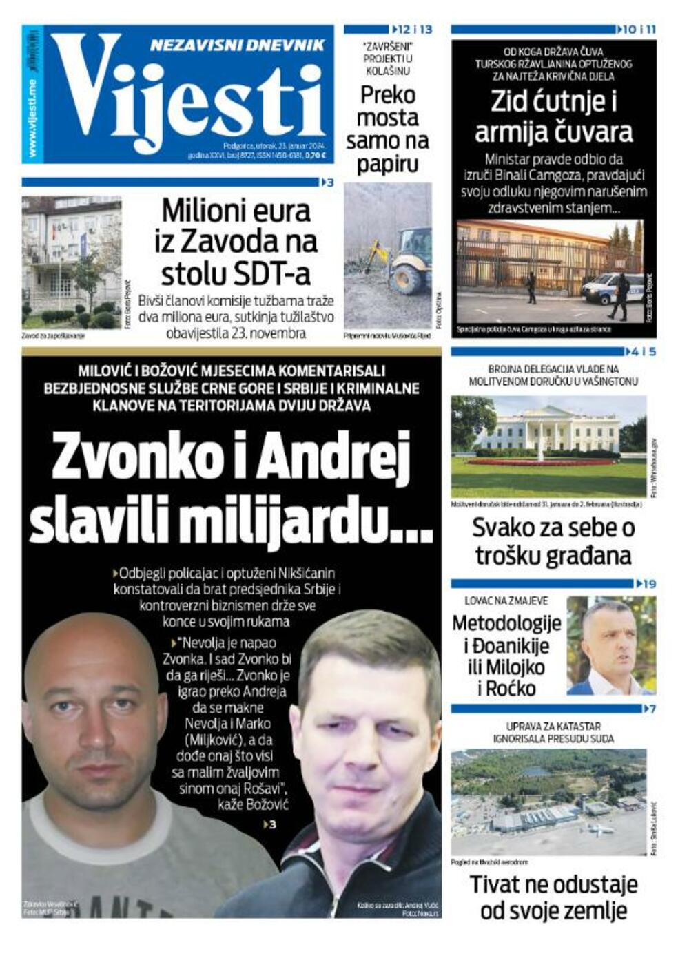Naslovna strana 'Vijesti' za 23. januar 2024.