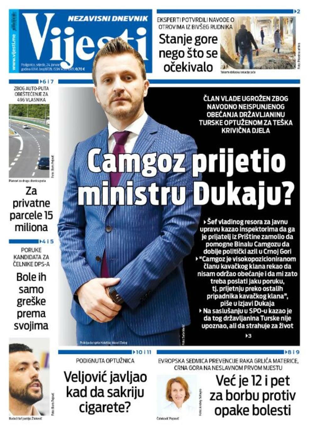 Naslovna strana 'Vijesti' za 24. januar 2024.