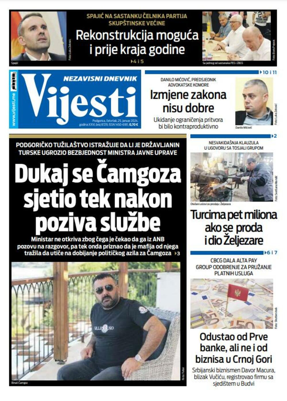 Naslovna strana "Vijesti" za 25. januar 2024., Foto: Vijesti