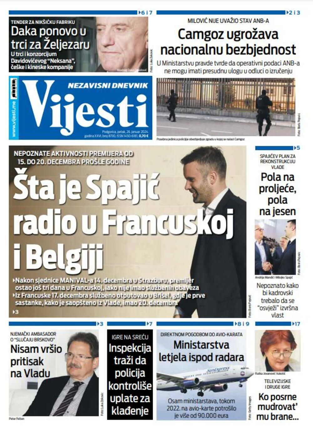 Naslovna strana "Vijesti" za 26. januar 2024., Foto: Vijesti
