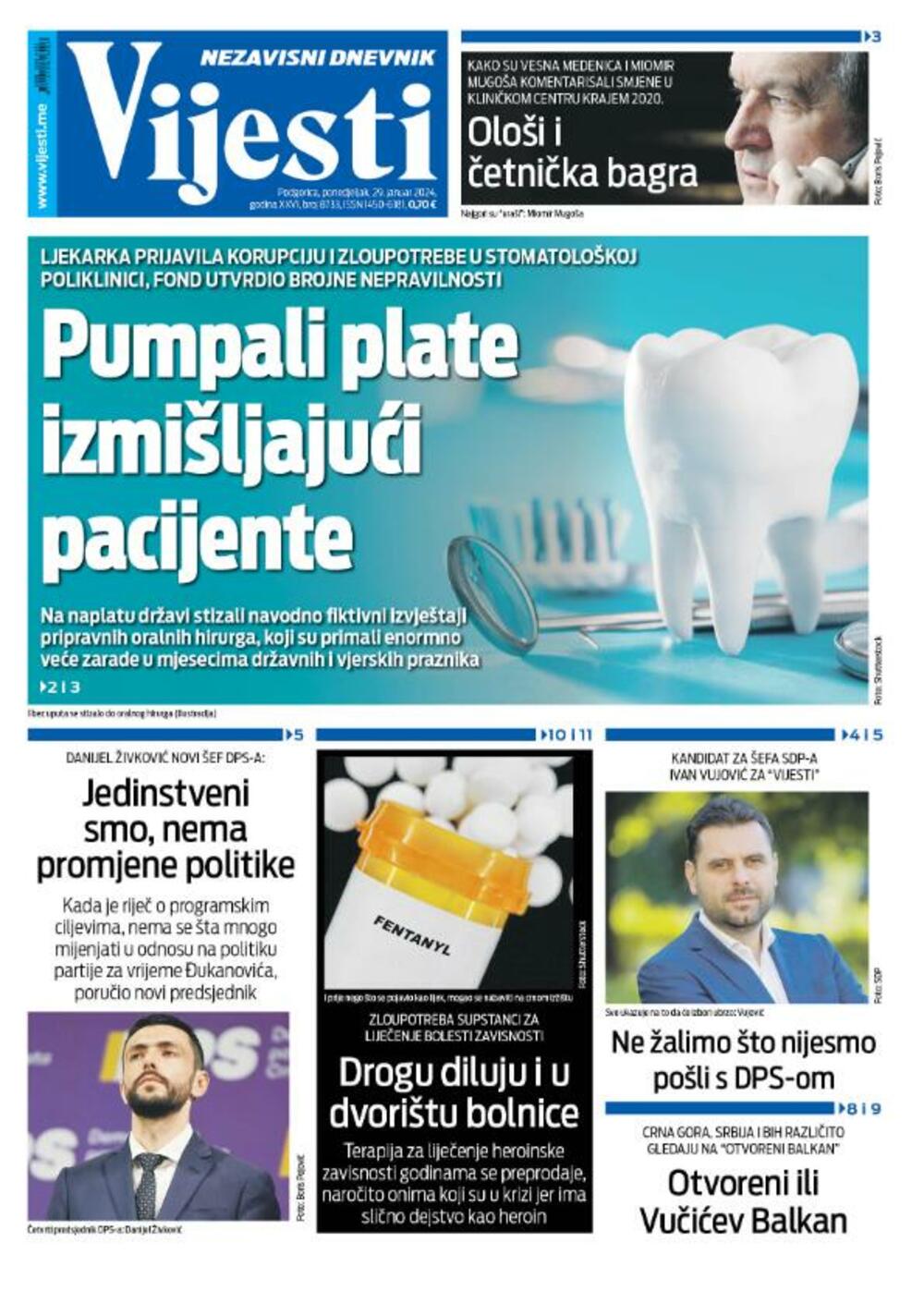 Naslovna strana "Vijesti" za 29. januar 2024., Foto: Vijesti