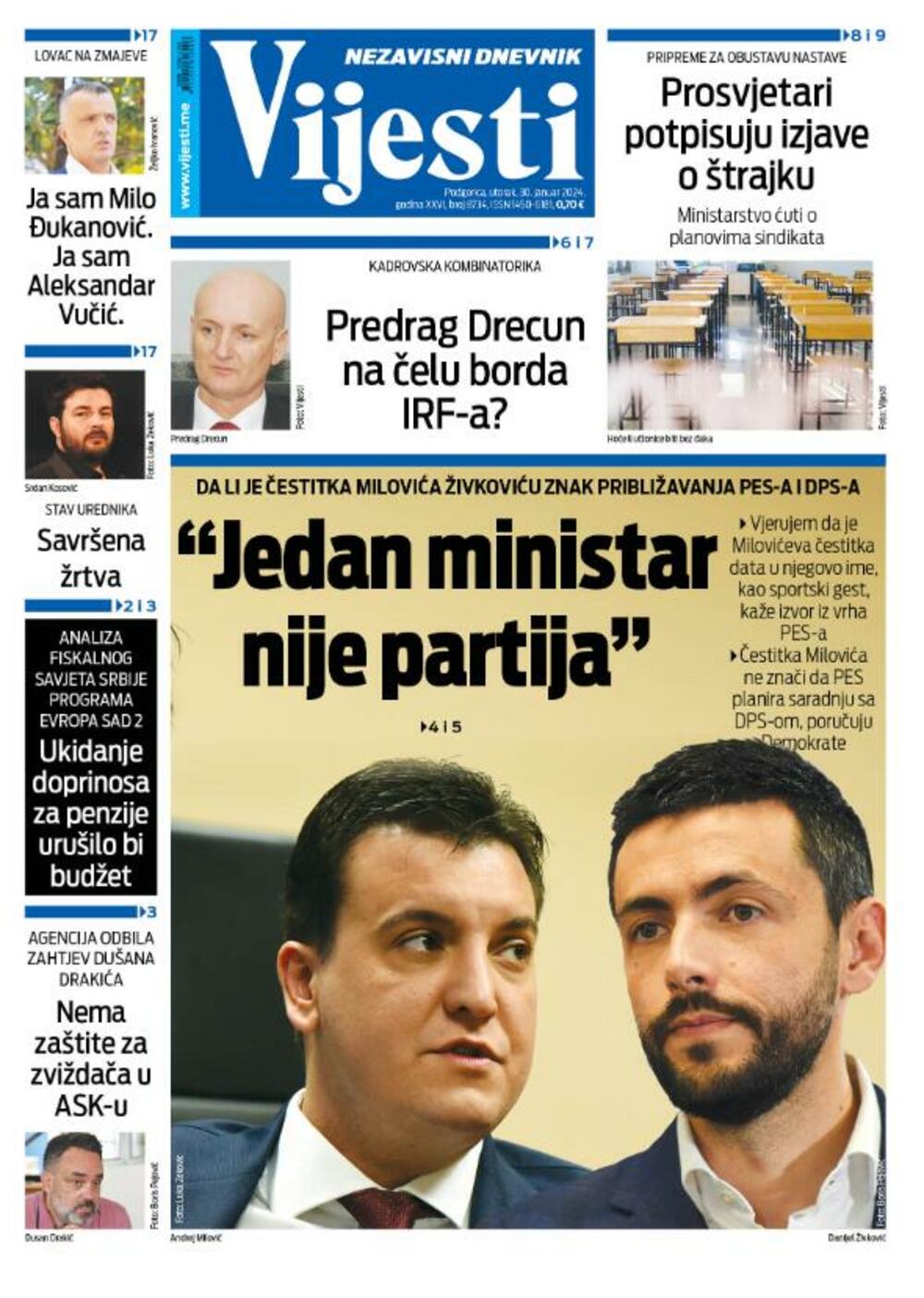 Naslovna strana "Vijesti" za 30. januar 2024., Foto: Vijesti