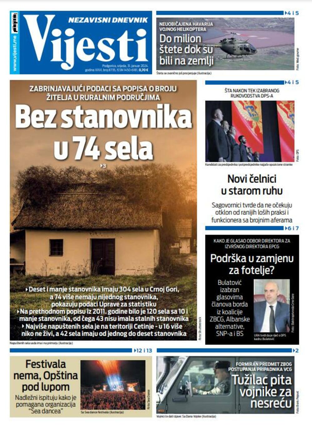 Naslovna strana "Vijesti" za 31. januar 2024., Foto: Vijesti