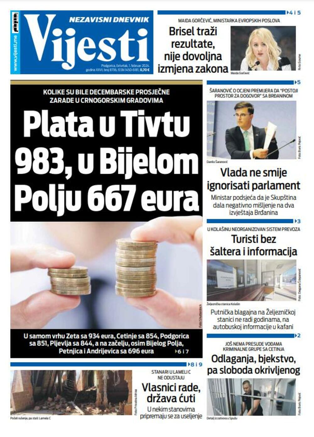Naslovna strana "Vijesti" za 1. februar 2024., Foto: Vijesti