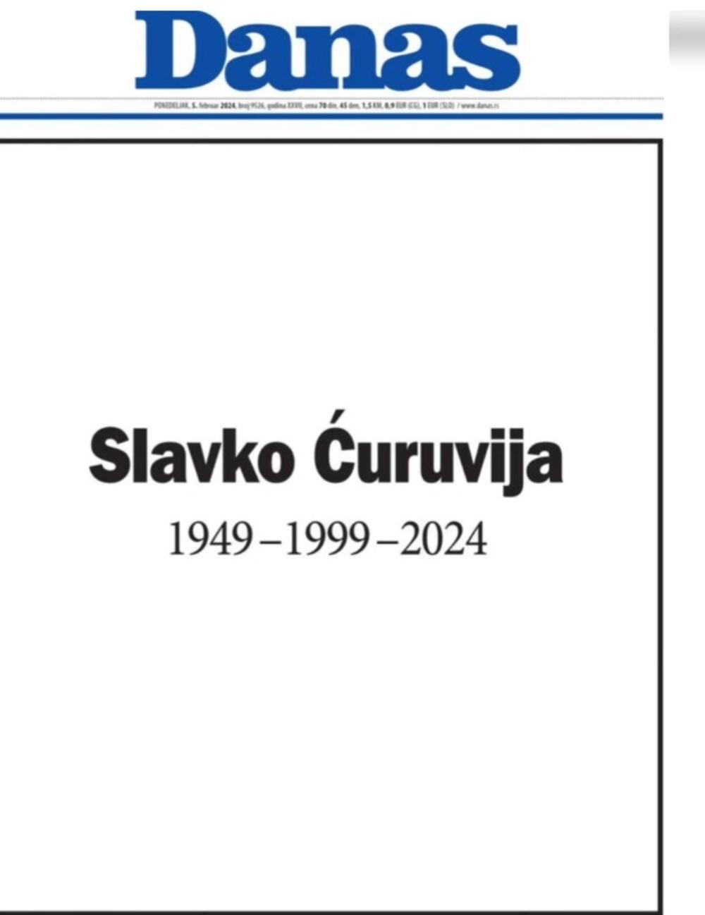 Danas Naslovna strana lista Danas kao protest zbog presude za ubistvo ...