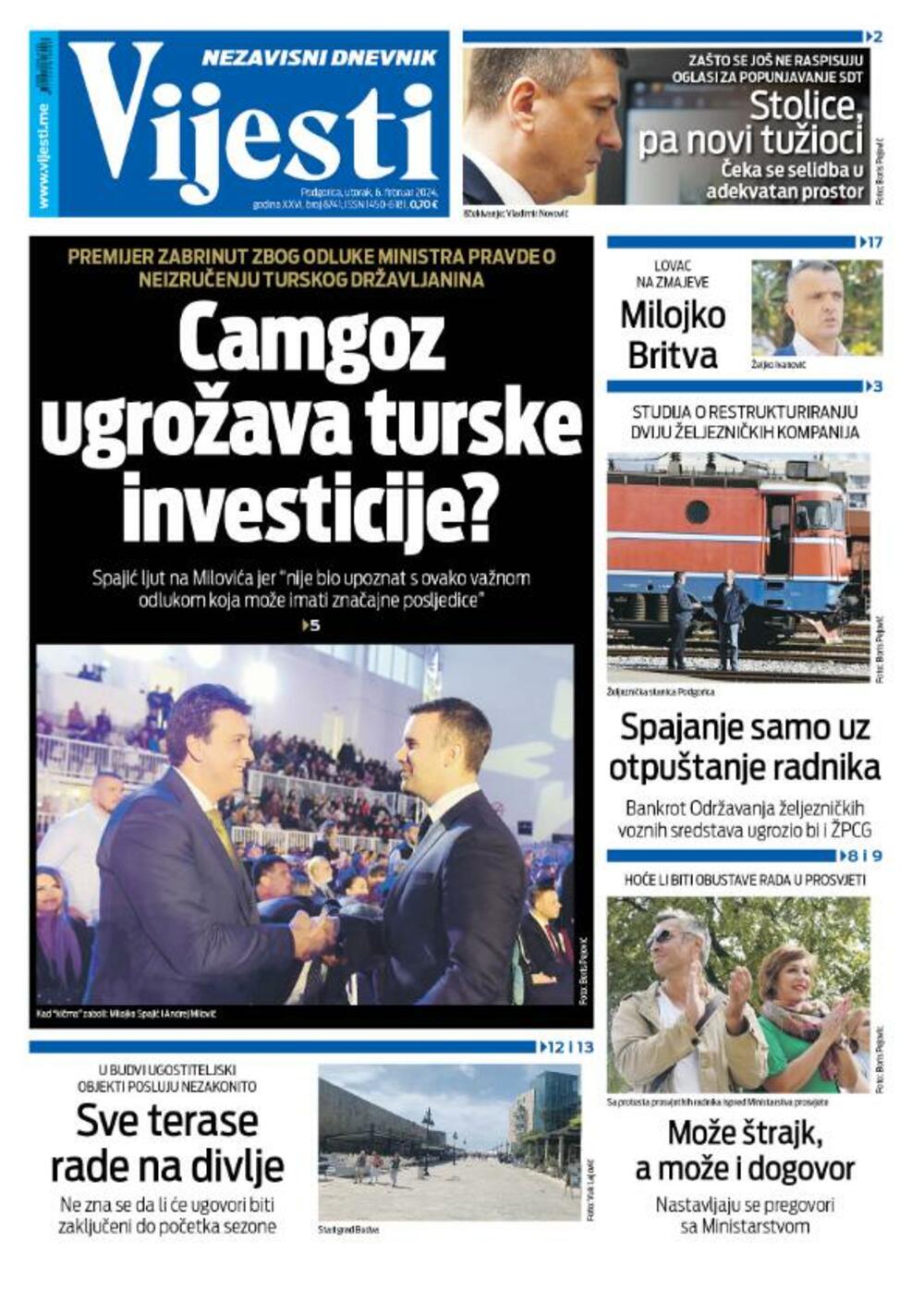 Naslovna strana "Vijesti" za 6. februar 2024., Foto: Vijesti