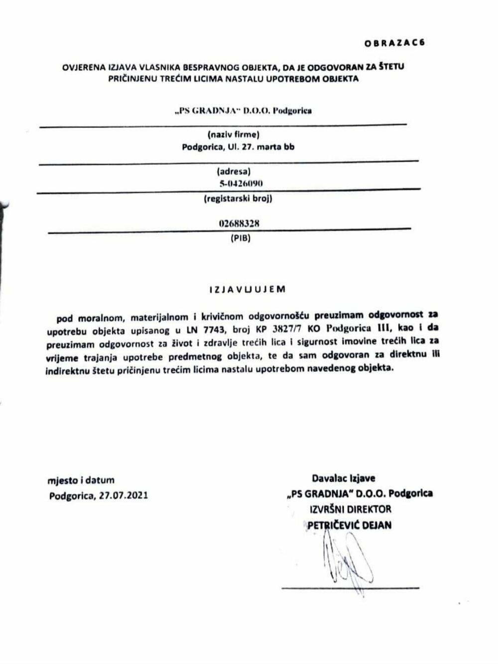 izjava Petričević PS gradnja