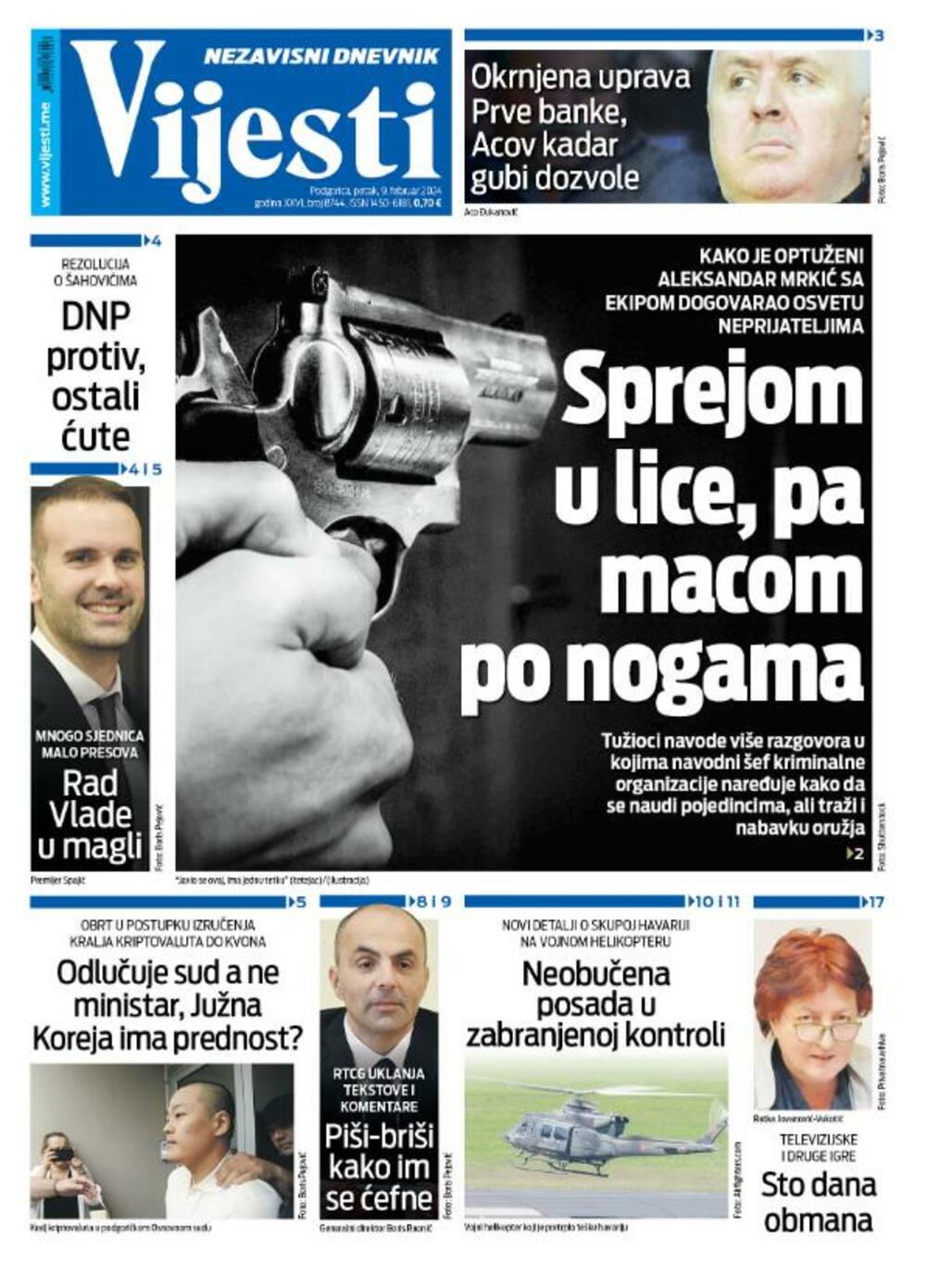 Naslovna strana 'Vijesti' za 9. februar 2024.