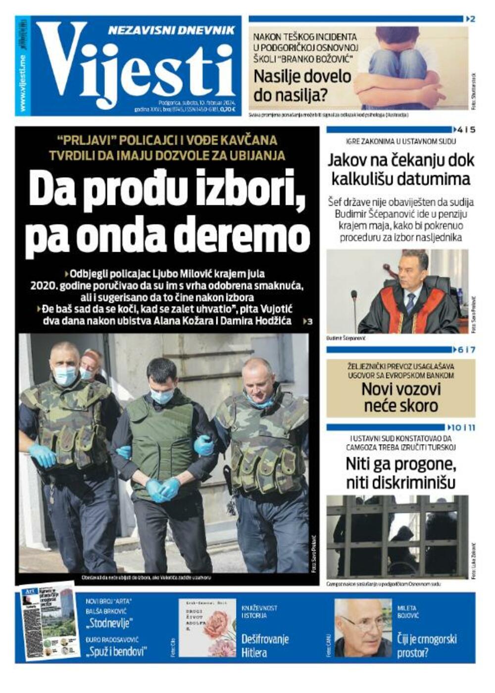 Naslovna strana "Vijesti" za 10. februar 2024., Foto: Vijesti