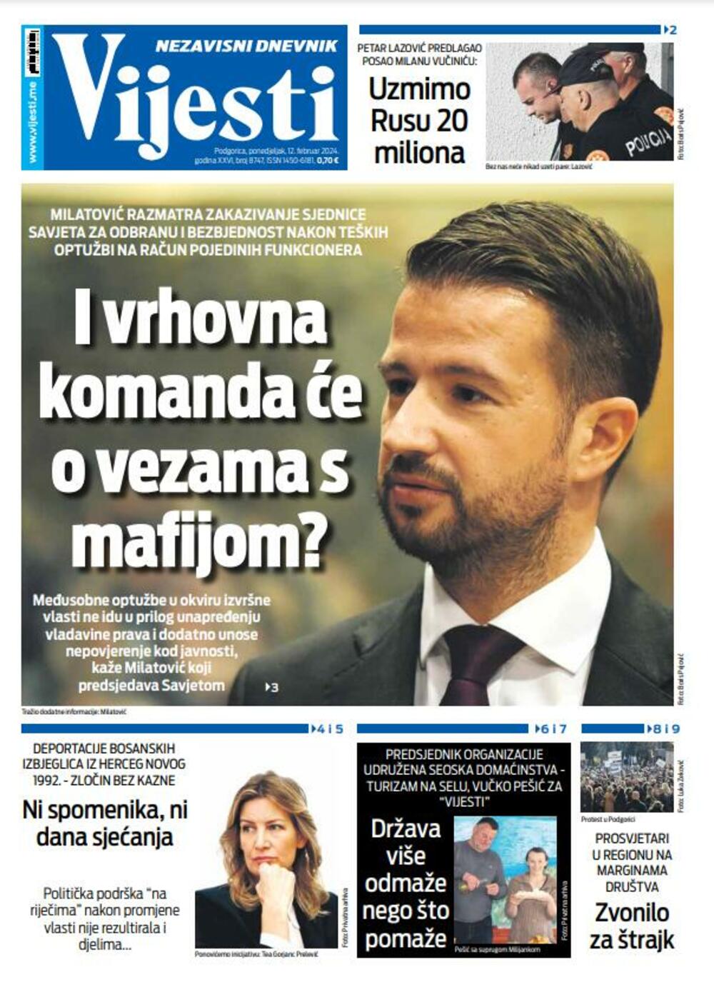 Naslovna strana "Vijesti" za 12. februar 2024., Foto: Vijesti