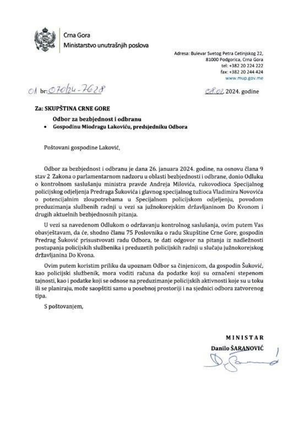 Šaranović dopis