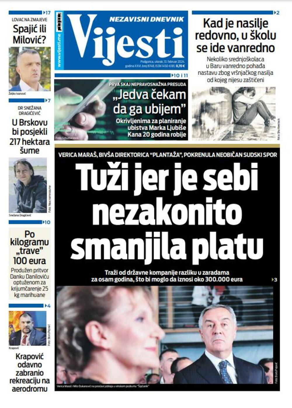 Naslovna strana "Vijesti" za 13. februar 2024., Foto: Vijesti
