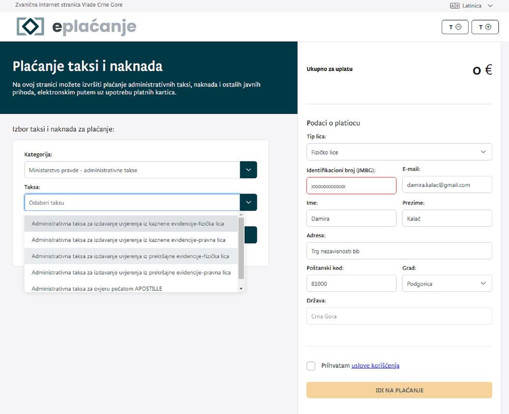 Na stranici se mogu platiti administrativne takse i naknade za oko 200 usluga