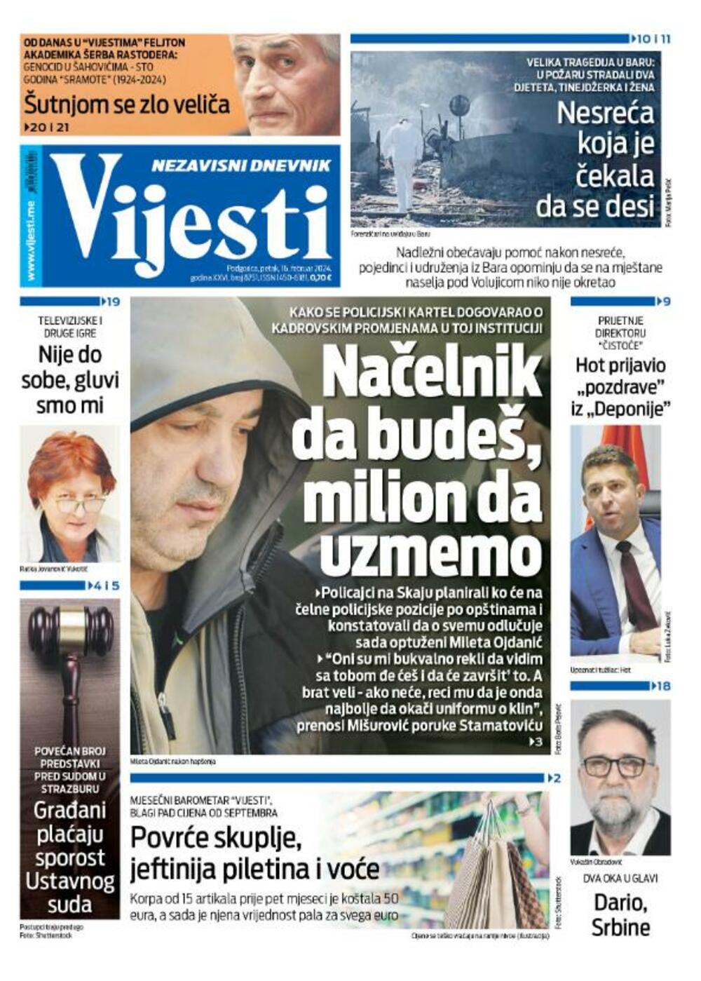 Naslovna strana 'Vijesti' za 16. februar 2024.