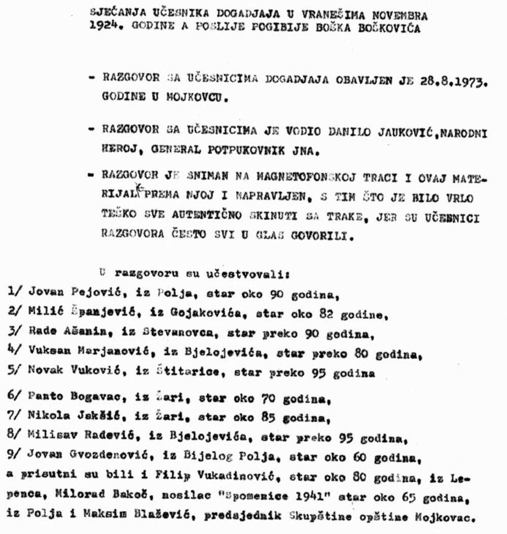 Dio dokumenta koji prati zapisnik razgovora u Mojkovcu iz 1973.  