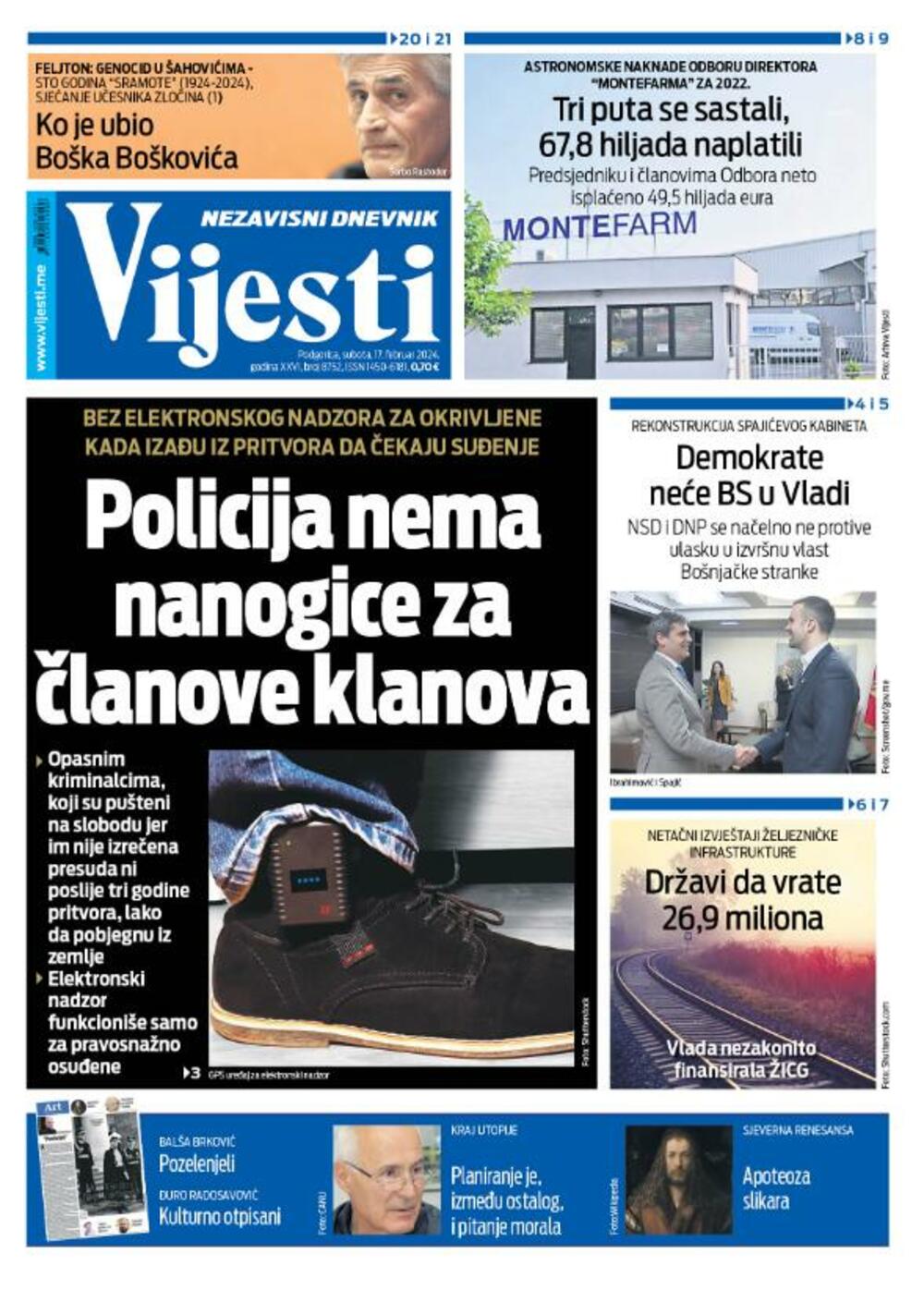 Naslovna strana "Vijesti" za 17. februar 2024., Foto: Vijesti