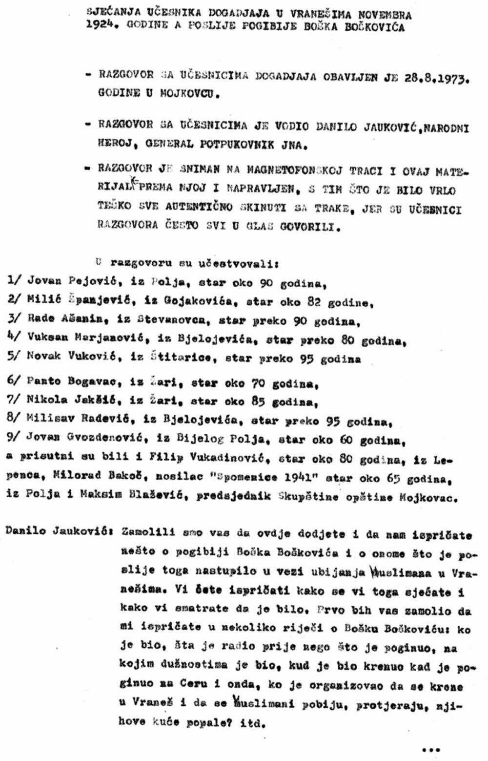 dDokument koji prati zapisnik razgovora u Mojkovcu iz 1973.