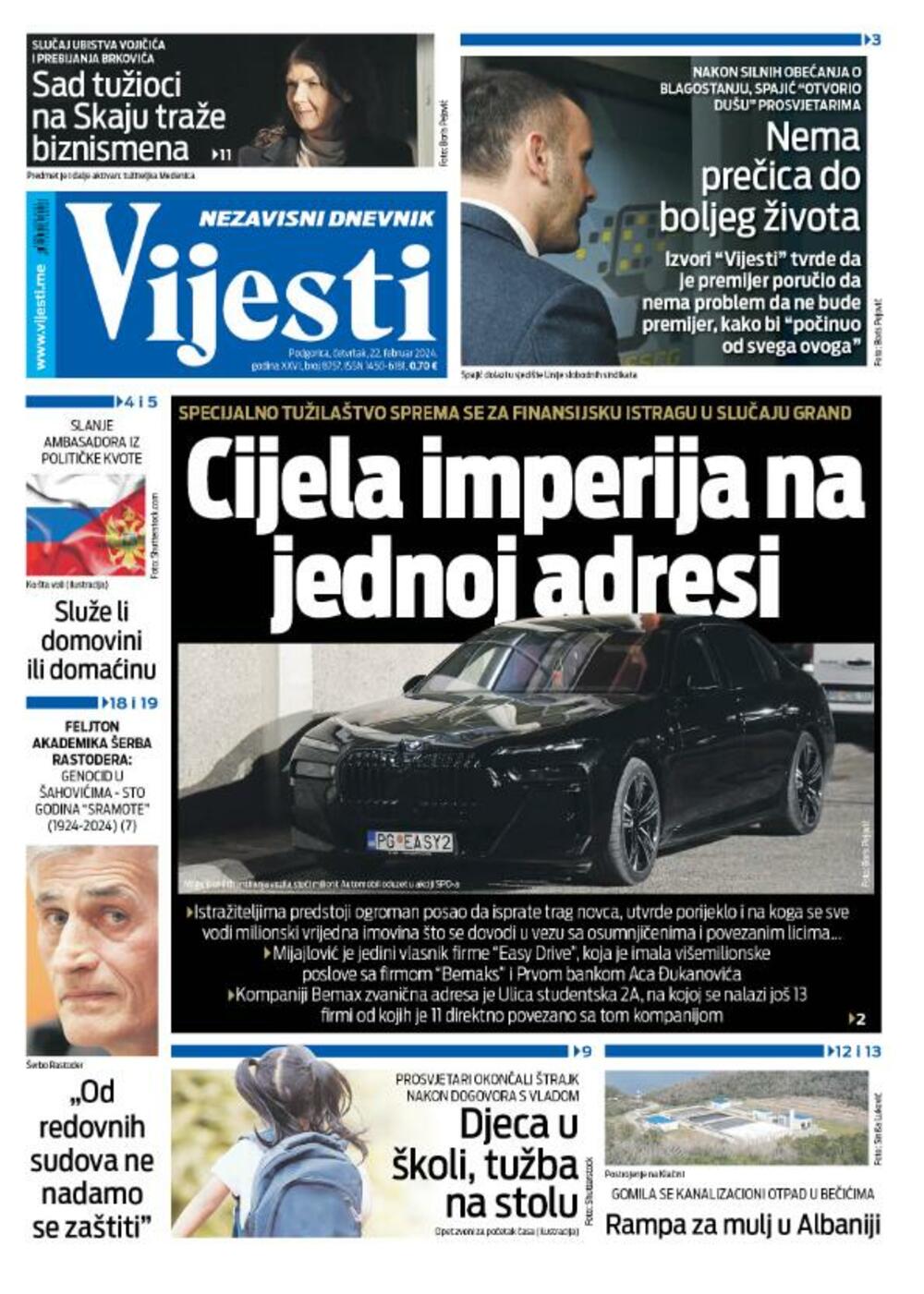 Naslovna strana "Vijesti" za 22. februar 2024., Foto: Vijesti