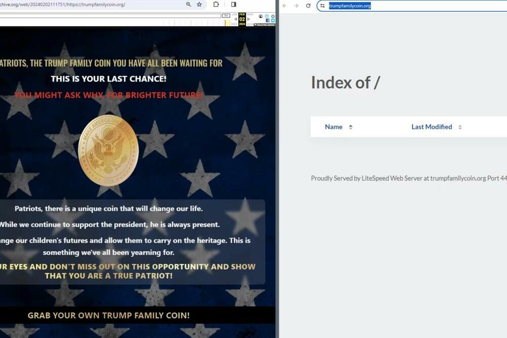 Vebsajt Trump Family Coin prije i poslije objavljivanja istraživanja RSE o onlajn prevarama, Foto: Printscreen