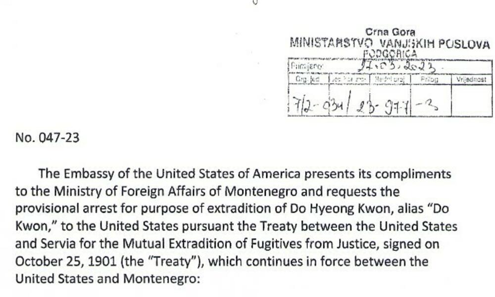 Kopija dijela note SAD kojom traže “privremeno hapšenje u svrhu izručenja”