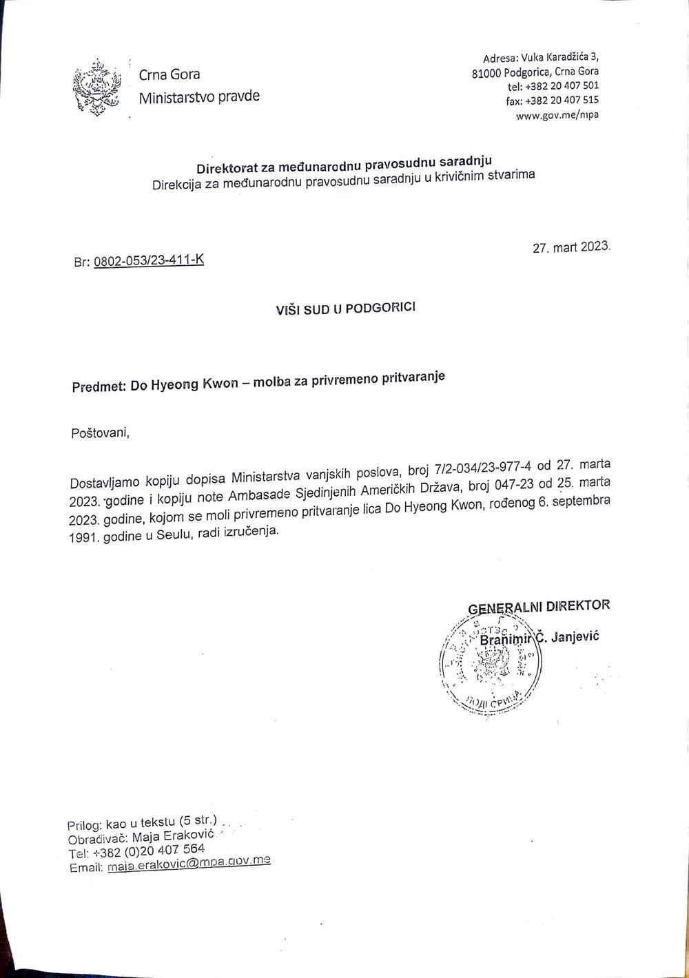 Kopija dopisa MP Višem sudu o noti kojom SAD traže 'privremeno pritvaranje' Do Kvona 'radi izručenja'
