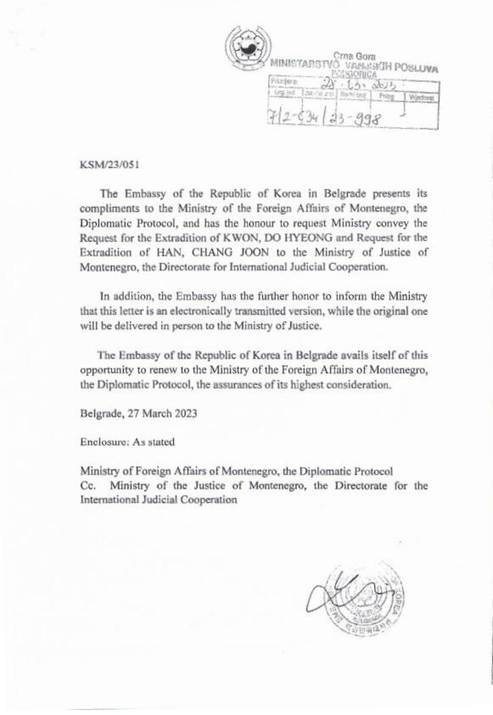 <p>Iz Ministartstva pravde kazali da se u noti ambasade SAD-a se navodi da se zahtjev odnosi na pritvaranje u cilju ekstradicije, veoma jasnim riječima</p>