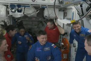 Three American and Russian astronauts on the International Space Station...