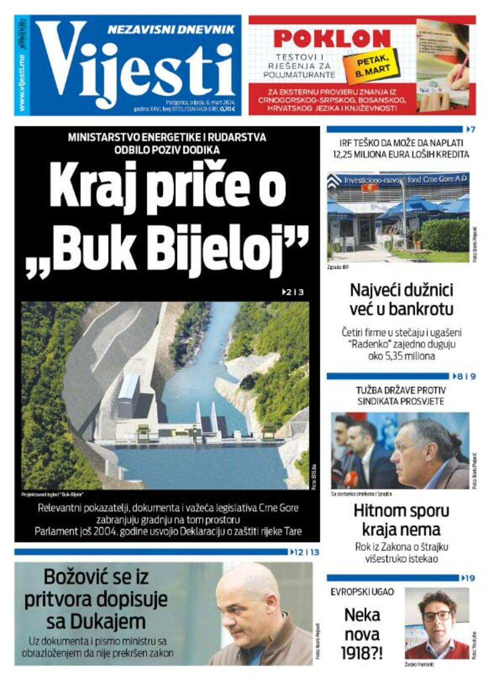 Naslovna strana "Vijesti" za 6. mart 2024., Foto: Vijesti