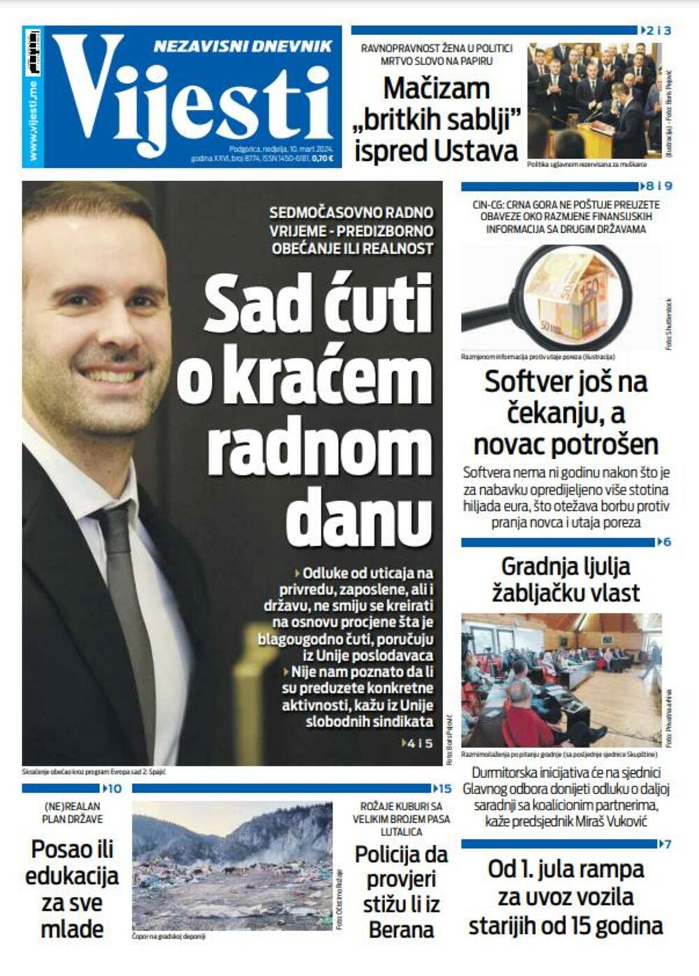 Naslovna strana "Vijesti" za 10. mart 2024., Foto: Vijesti