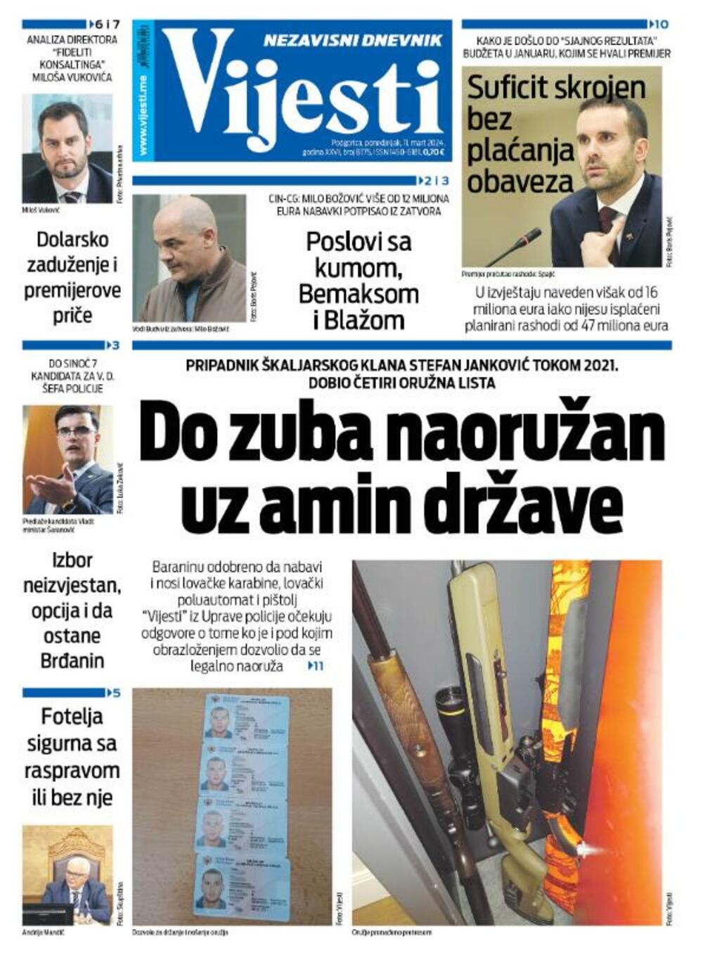 Naslovna strana "Vijesti" za 11. mart 2024., Foto: Vijesti
